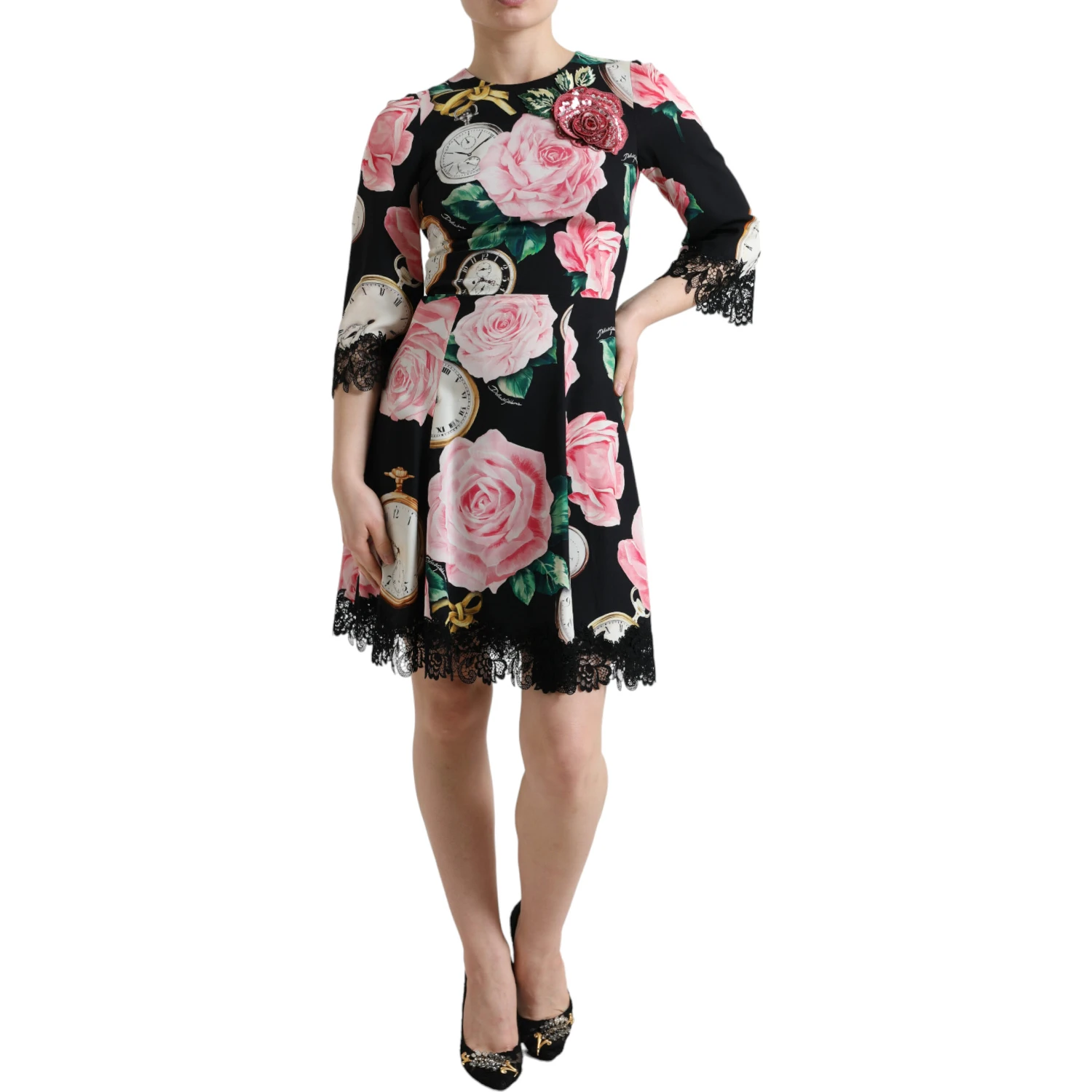 Black Floral Embellished Lace A-line Dress