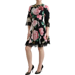 Black Floral Embellished Lace A-line Dress