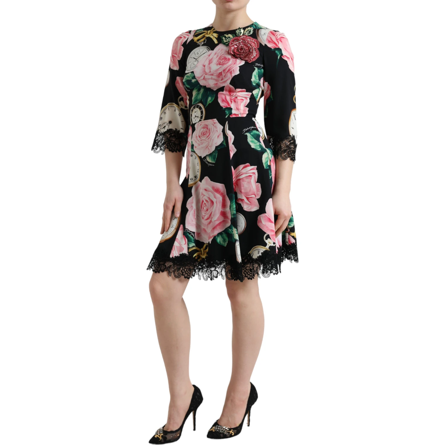 Black Floral Embellished Lace A-line Dress