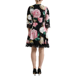 Black Floral Embellished Lace A-line Dress