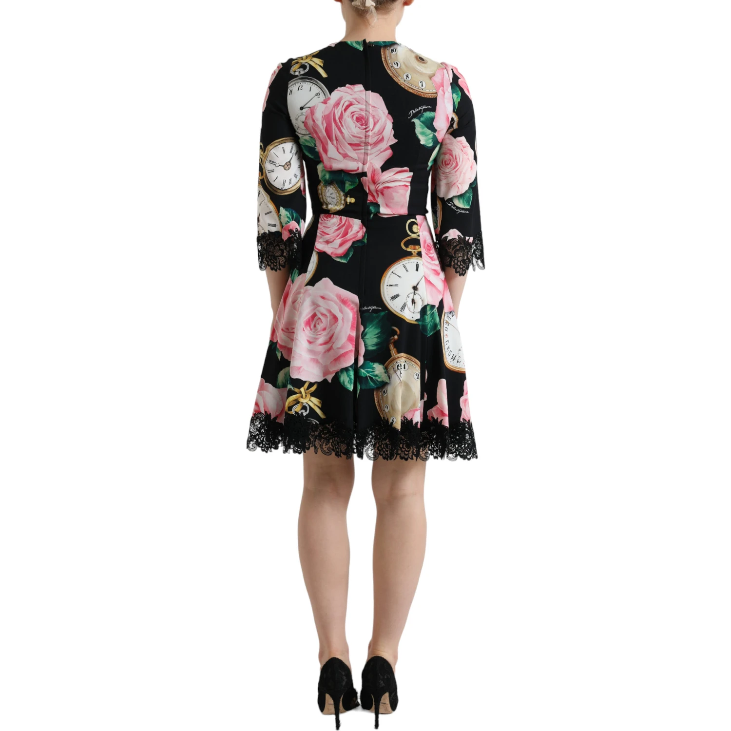 Black Floral Embellished Lace A-line Dress
