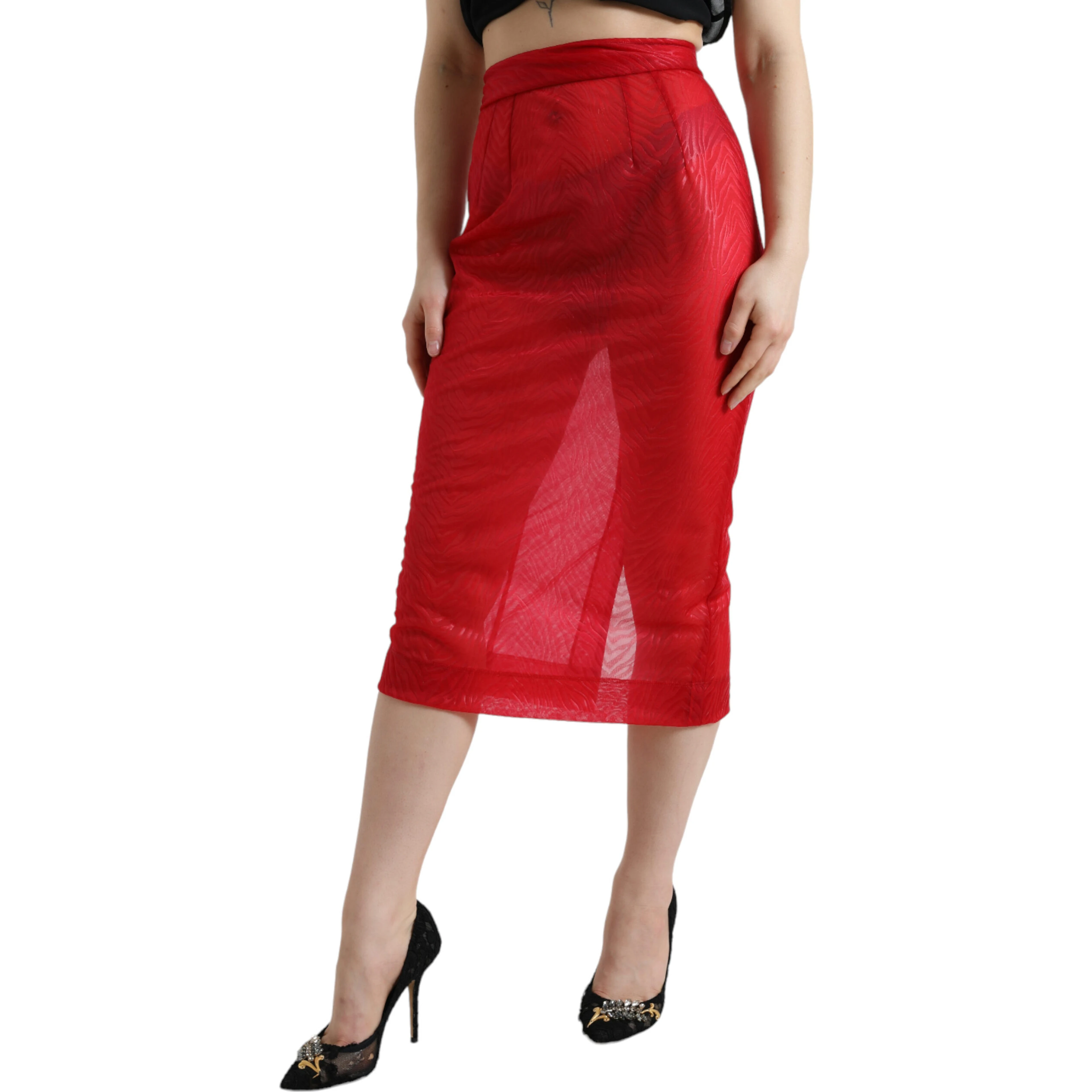 Red Sheer High Waist Pencil Cut Midi Skirt