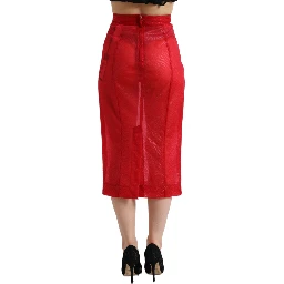 Red Sheer High Waist Pencil Cut Midi Skirt