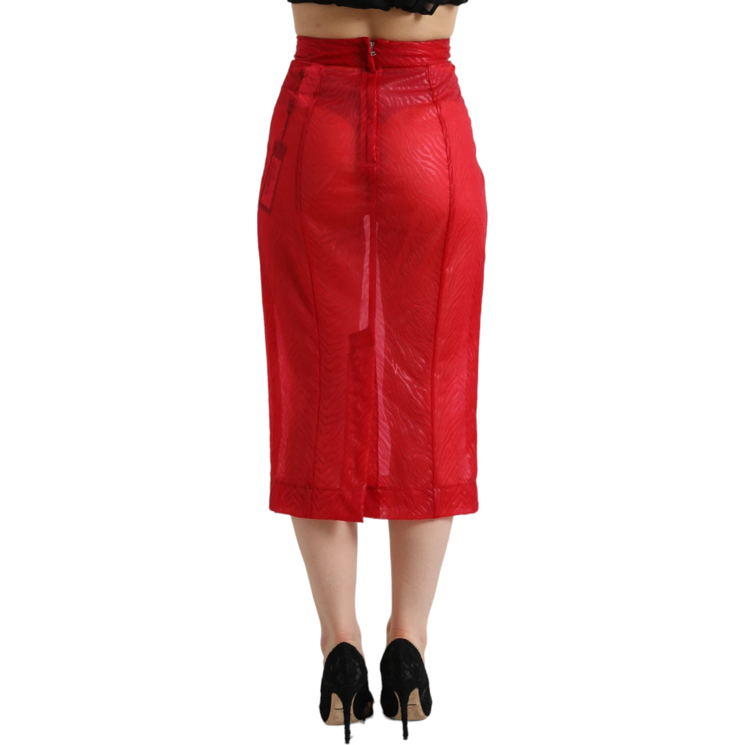 Red Sheer High Waist Pencil Cut Midi Skirt