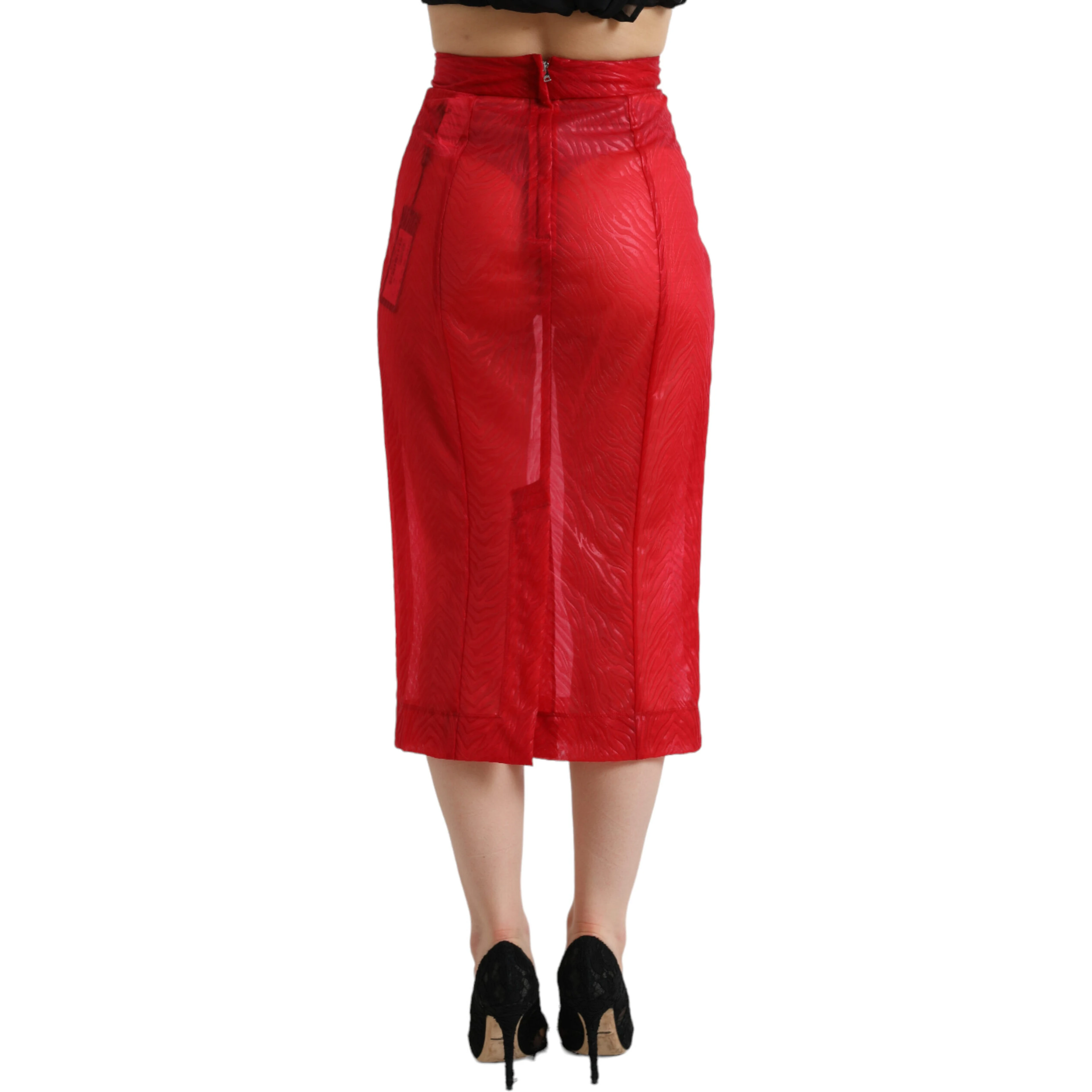 Red Sheer High Waist Pencil Cut Midi Skirt