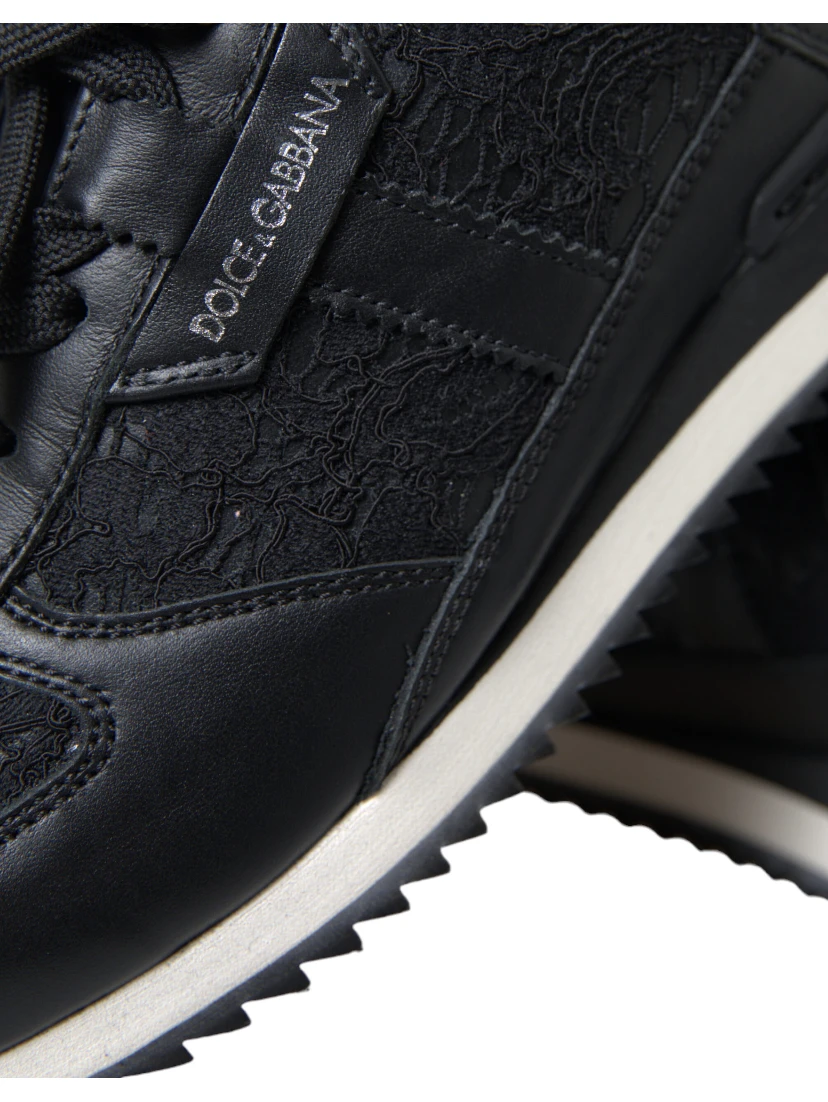 Black Floral Lace Leather Sneakers Shoes