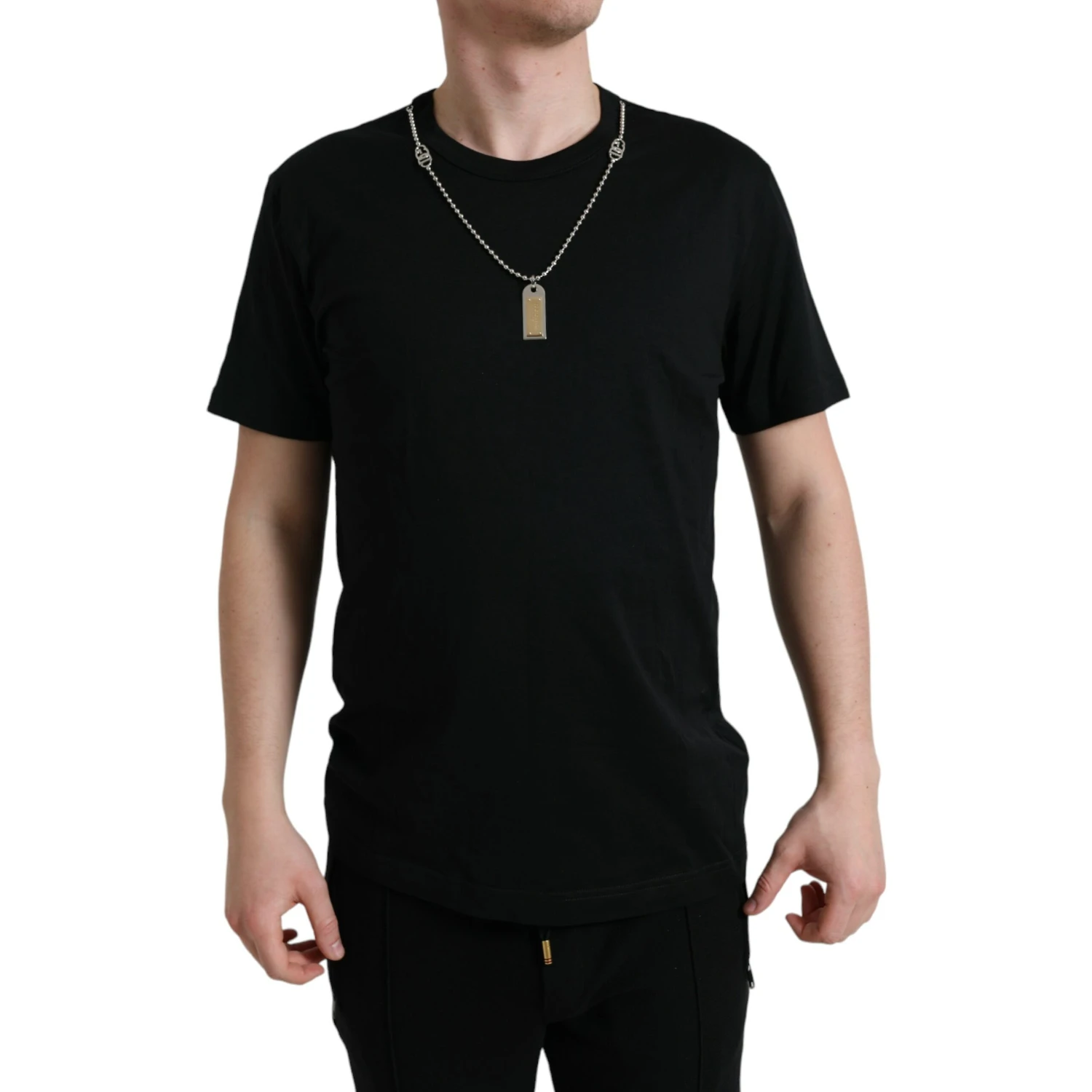 Black Cotton Dog Tag Round Neck T-shirt