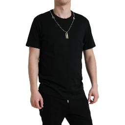 Black Cotton Dog Tag Round Neck T-shirt