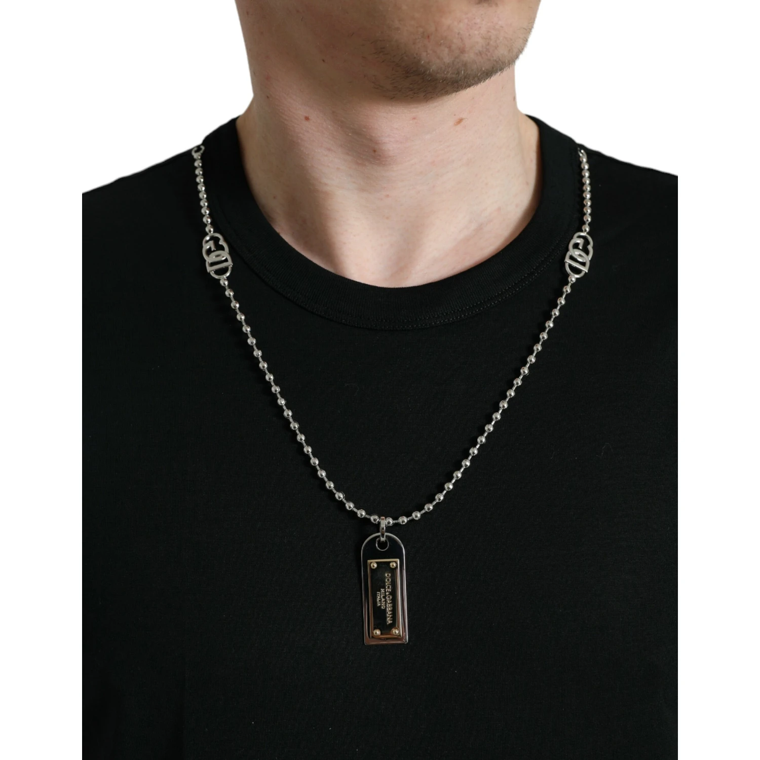 Black Cotton Dog Tag Round Neck T-shirt
