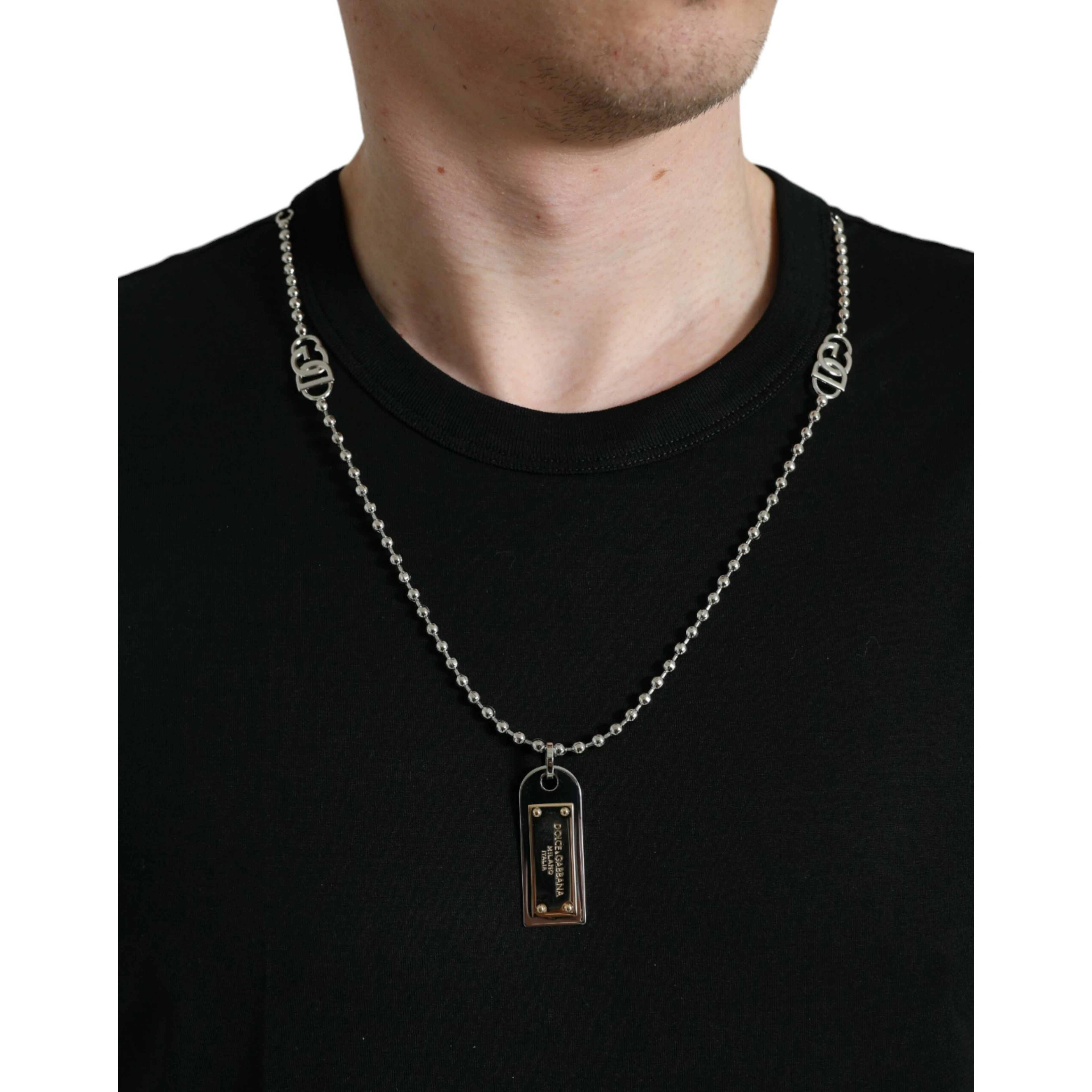 Black Cotton Dog Tag Round Neck T-shirt