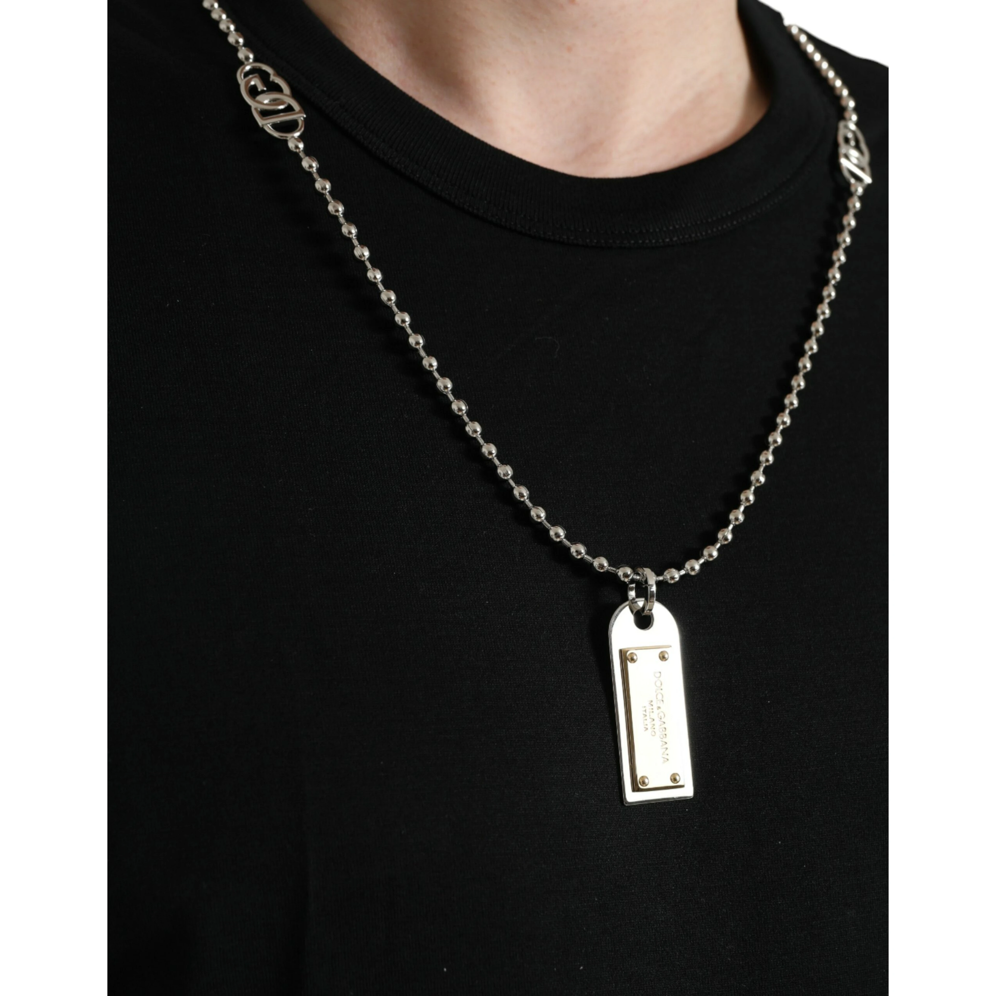 Black Cotton Dog Tag Round Neck T-shirt