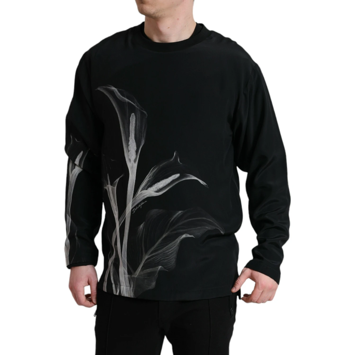 Black Floral Print Crewneck Pullover Sweater