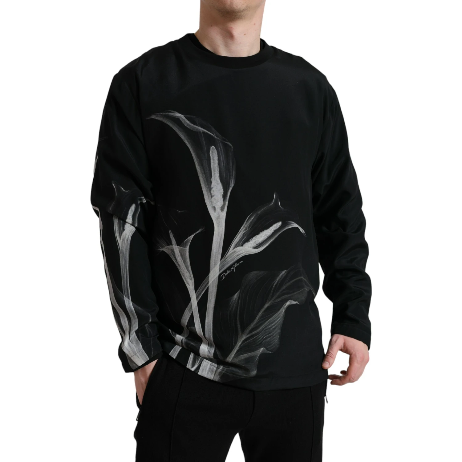 Black Floral Print Crewneck Pullover Sweater