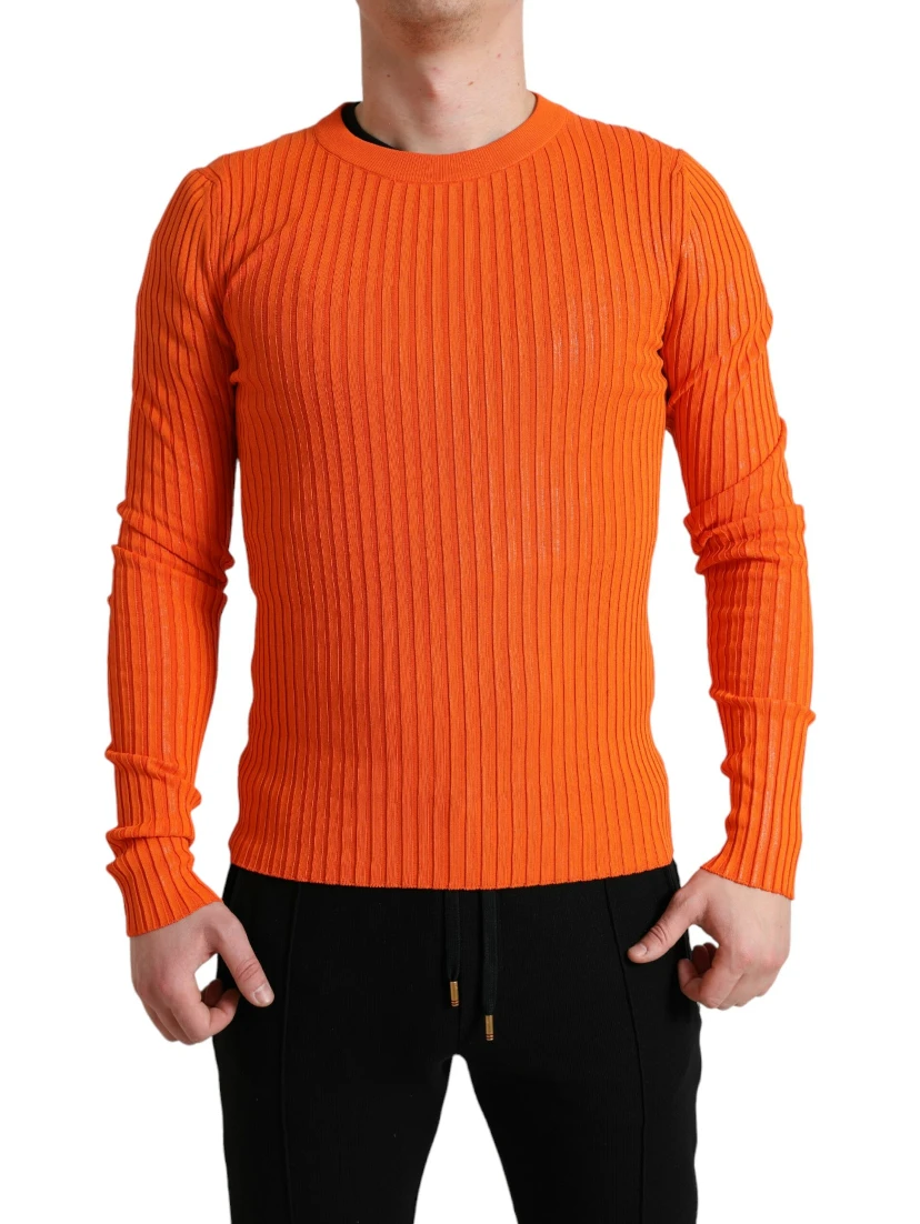 Orange Knitted Crewneck Men Pullover Sweater