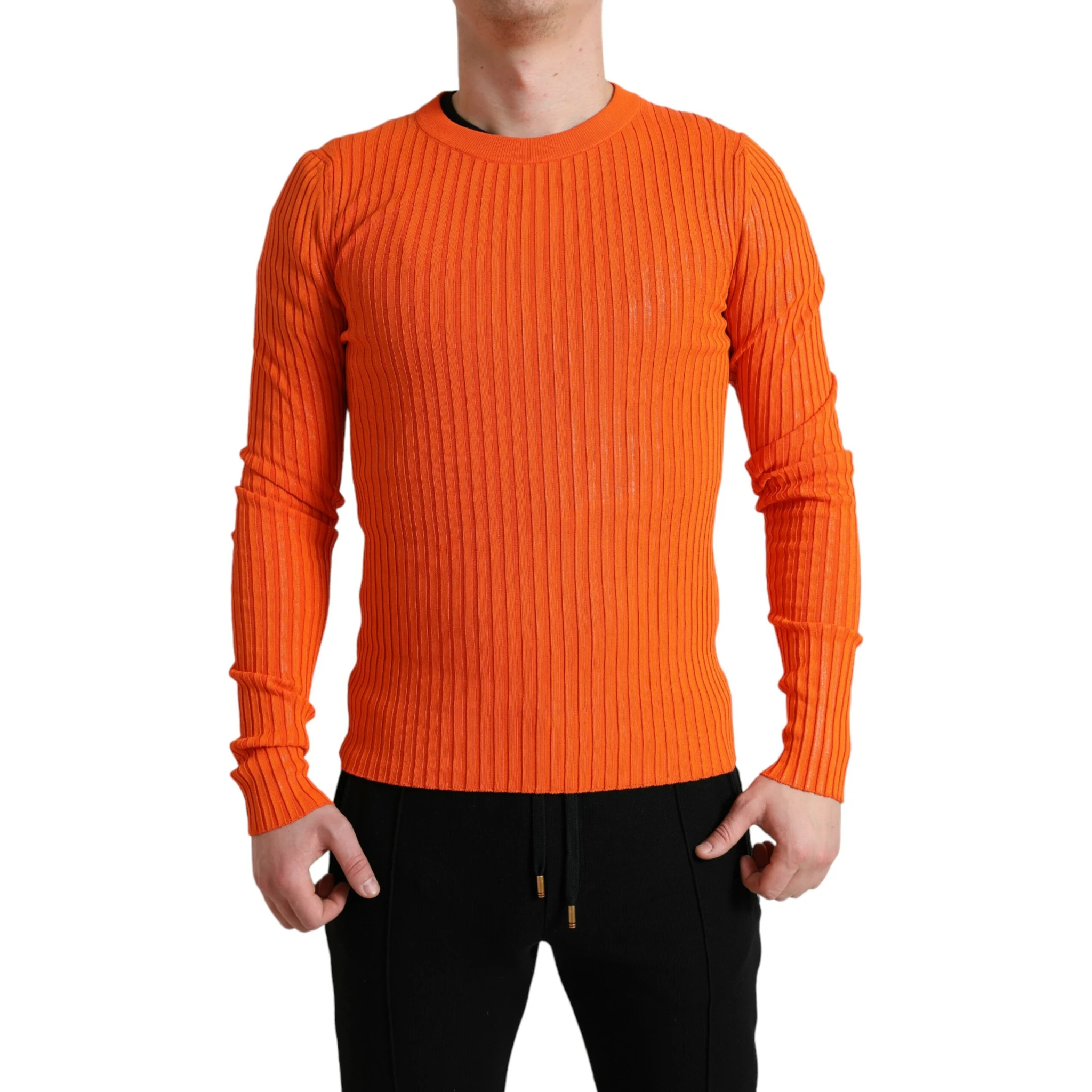 Orange Knitted Crewneck Men Pullover Sweater