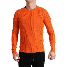 Orange Knitted Crewneck Men Pullover Sweater