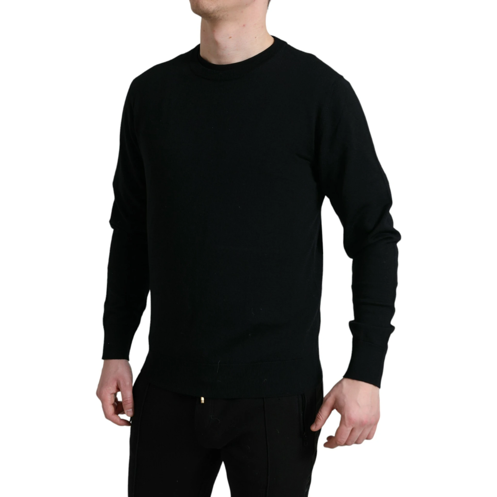 Black Wool Round Neck Pullover Sweater
