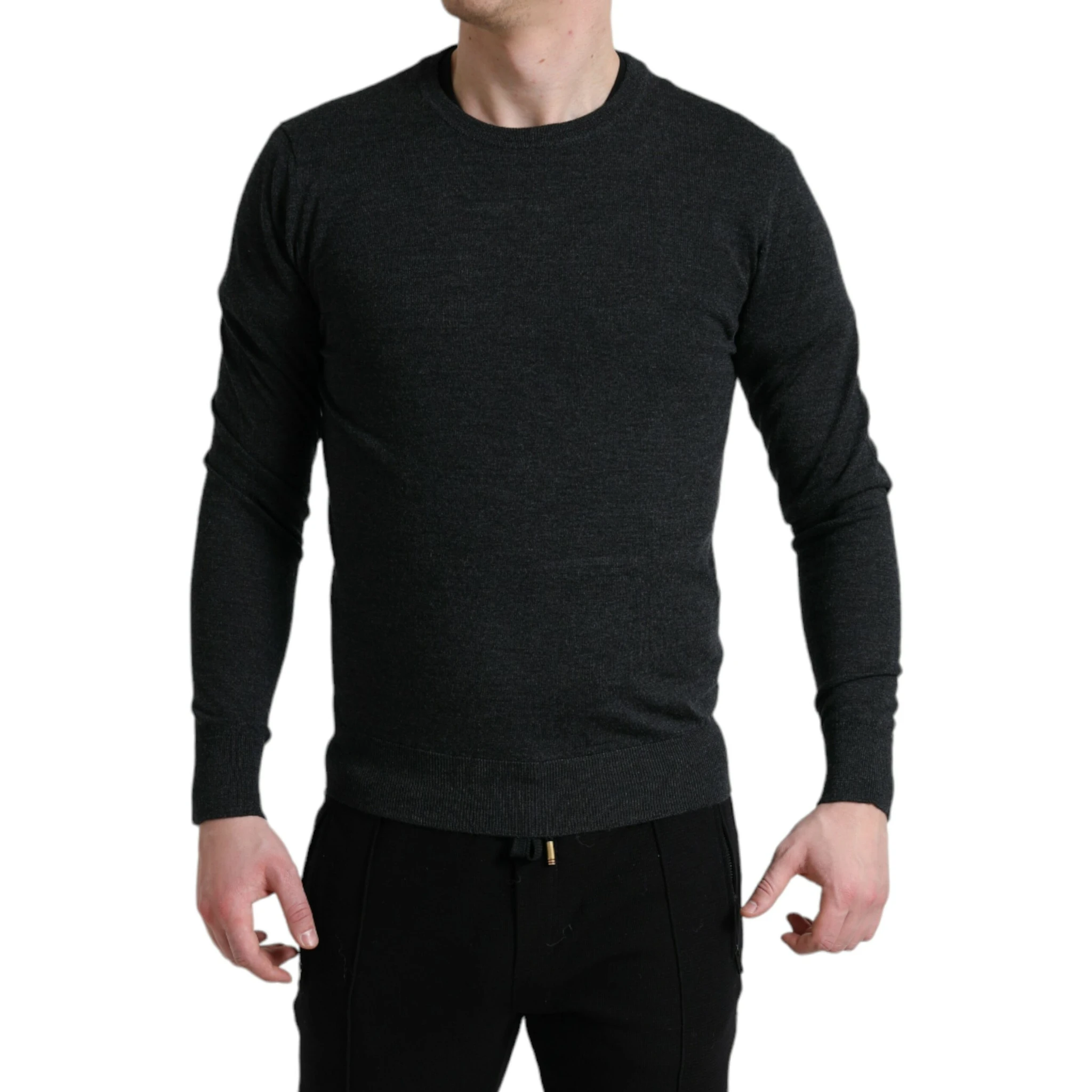 Gray Wool Round Neck Pullover Sweater