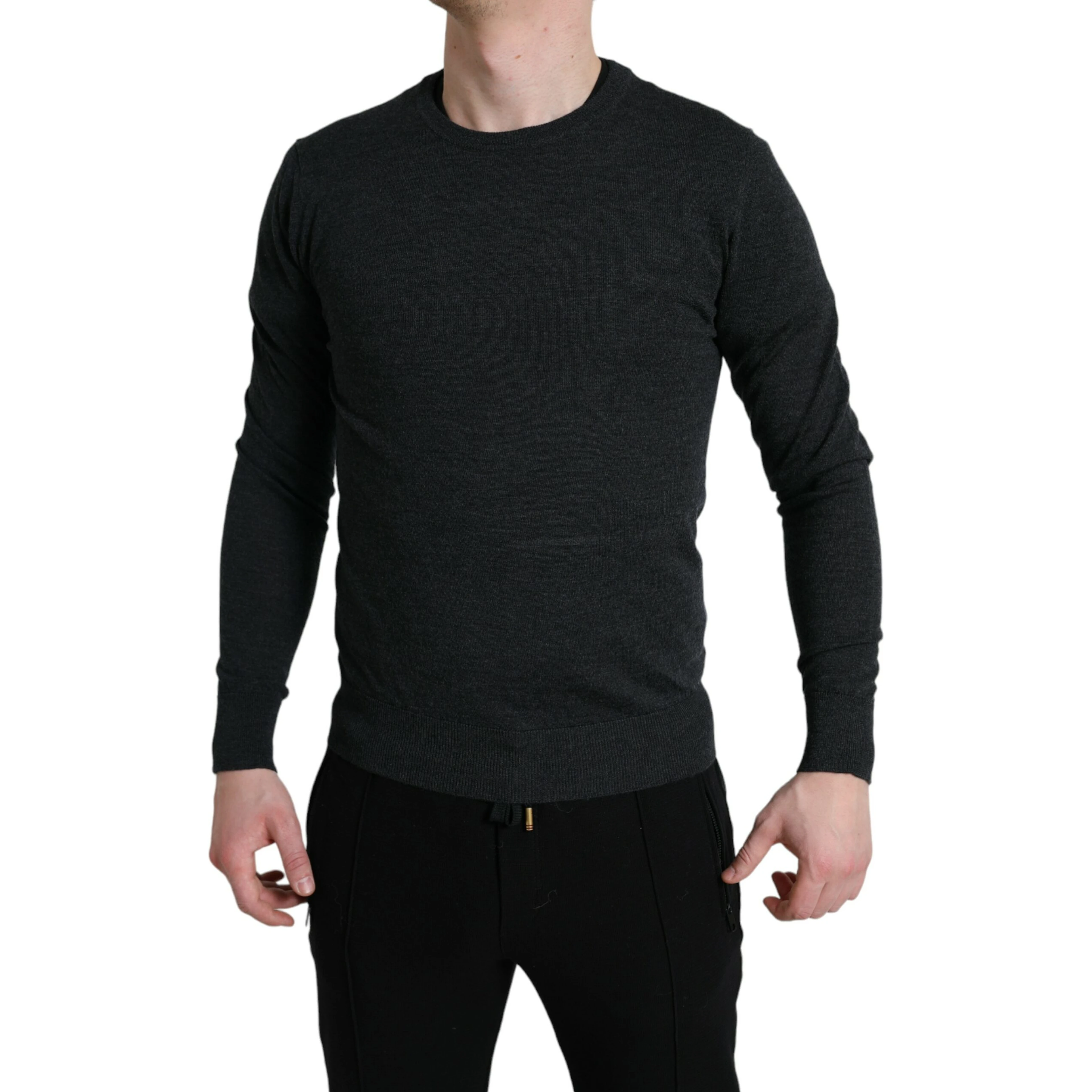 Gray Wool Round Neck Pullover Sweater