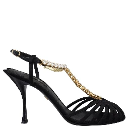 Black Satin Clear Crystal T-strap Sandal Shoes