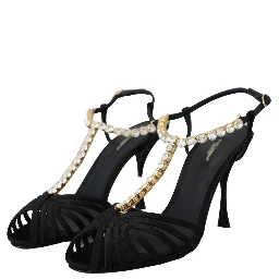 Black Satin Clear Crystal T-strap Sandal Shoes