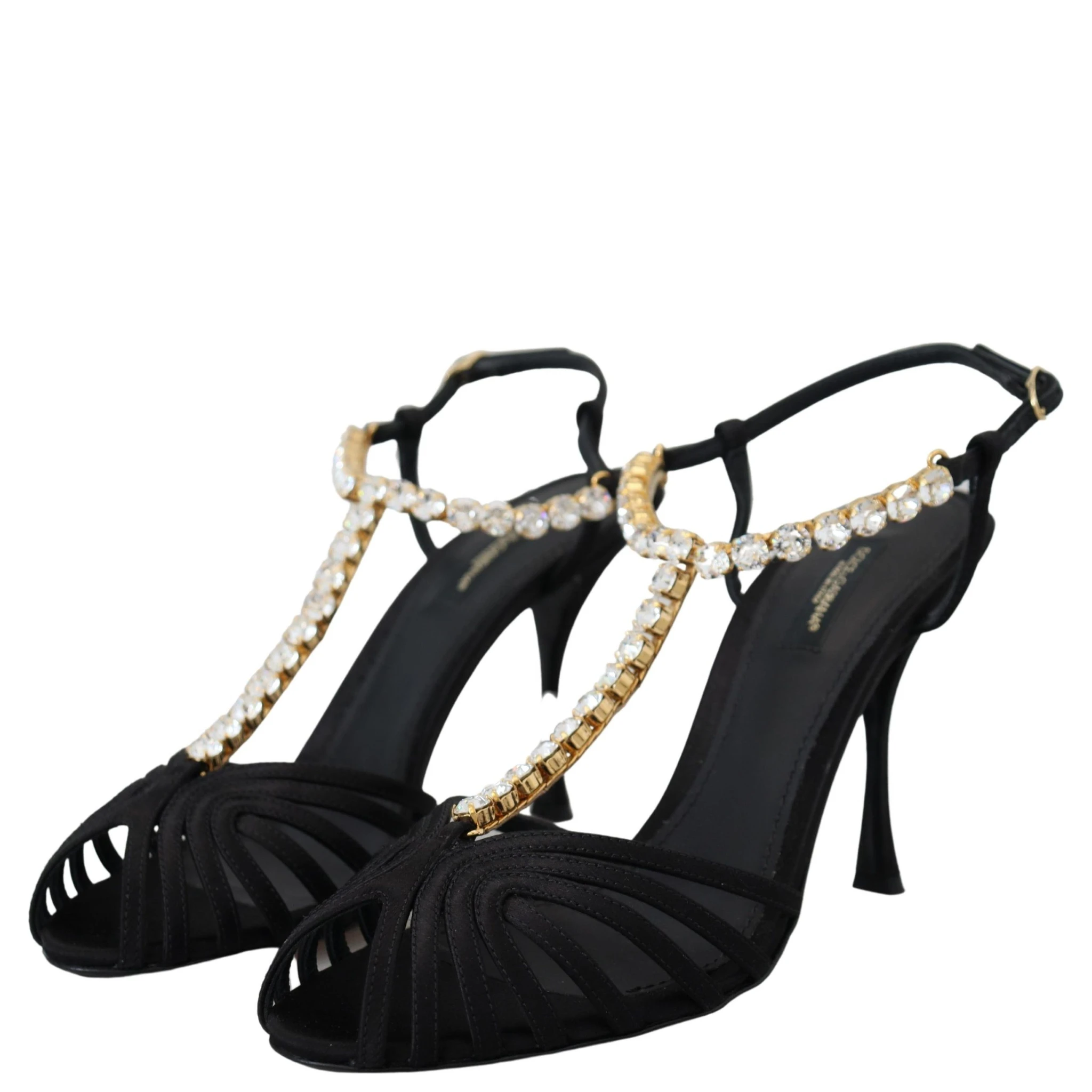 Black Satin Clear Crystal T-strap Sandal Shoes
