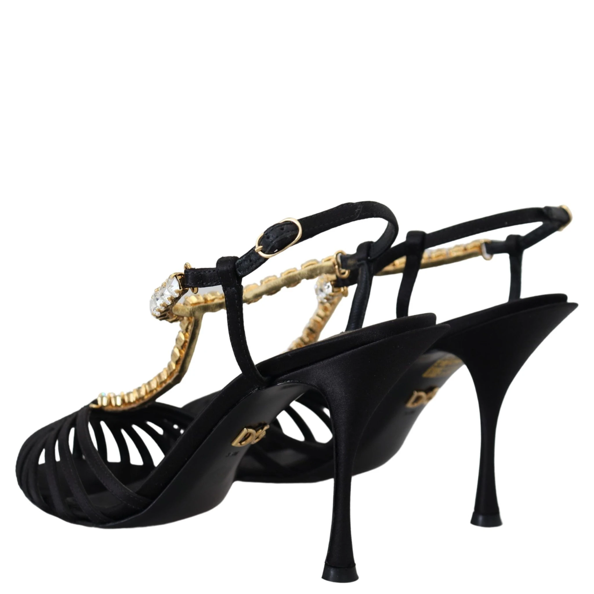 Black Satin Clear Crystal T-strap Sandal Shoes