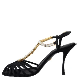 Black Satin Clear Crystal T-strap Sandal Shoes
