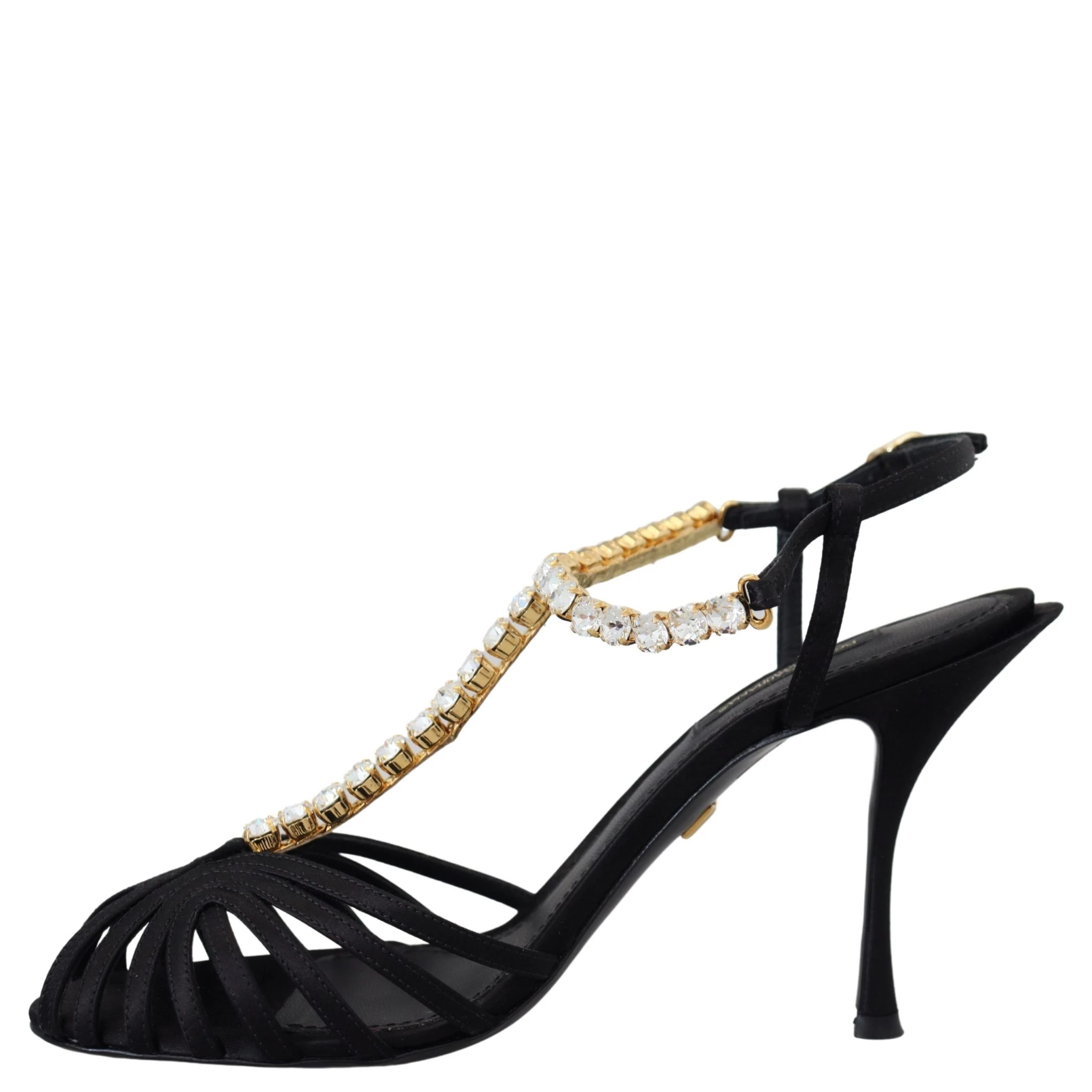 Black Satin Clear Crystal T-strap Sandal Shoes