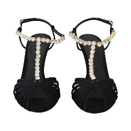 Black Satin Clear Crystal T-strap Sandal Shoes