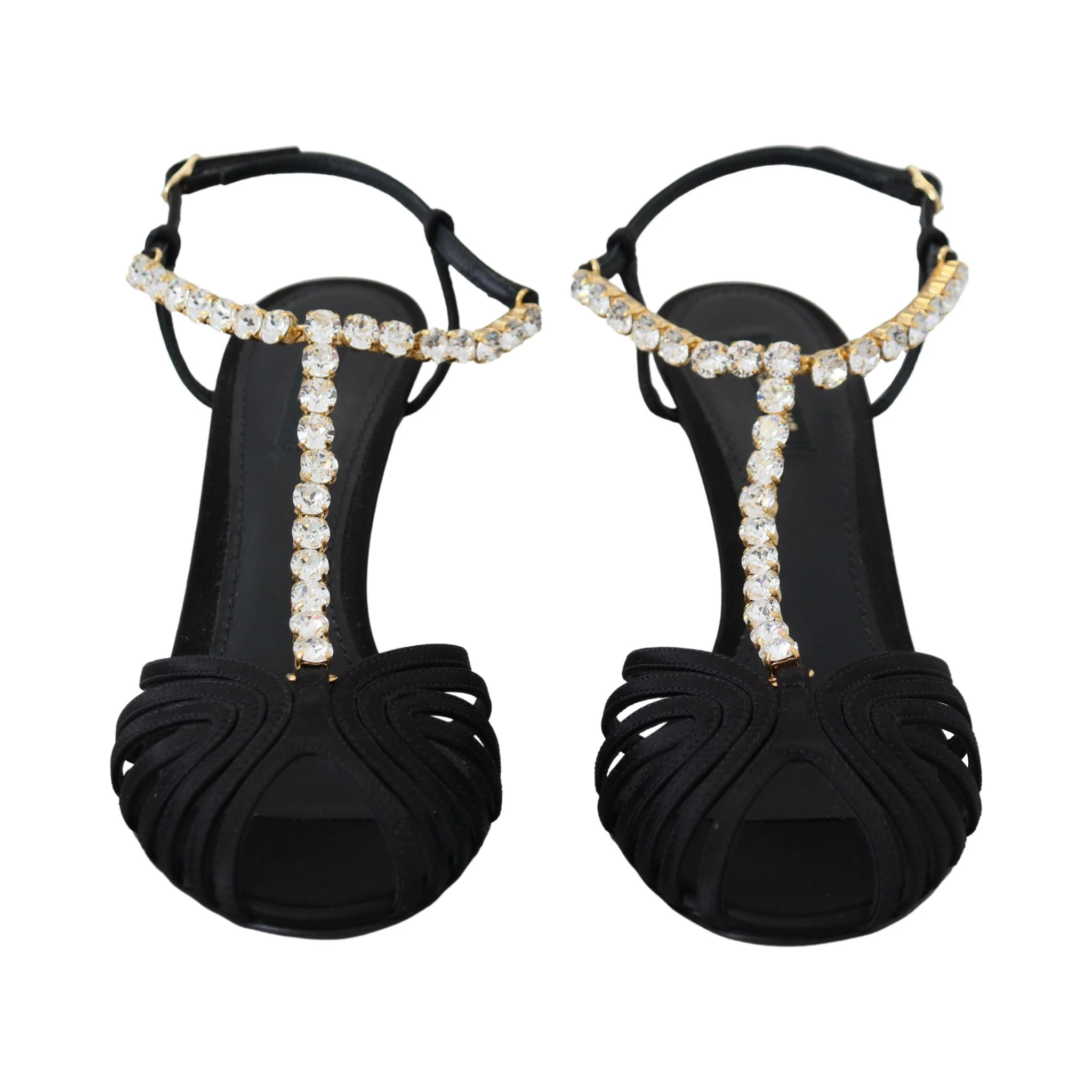 Black Satin Clear Crystal T-strap Sandal Shoes