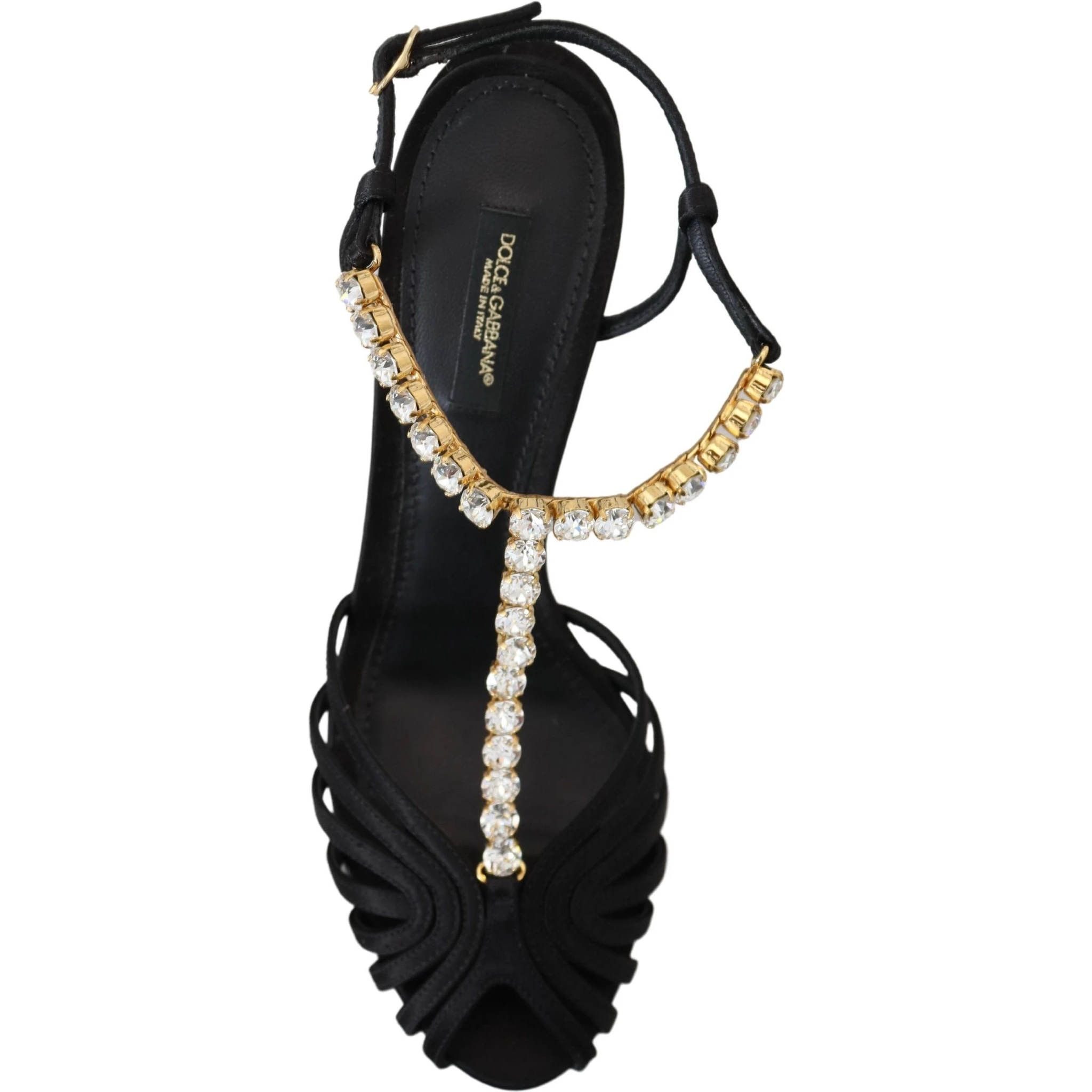 Black Satin Clear Crystal T-strap Sandal Shoes
