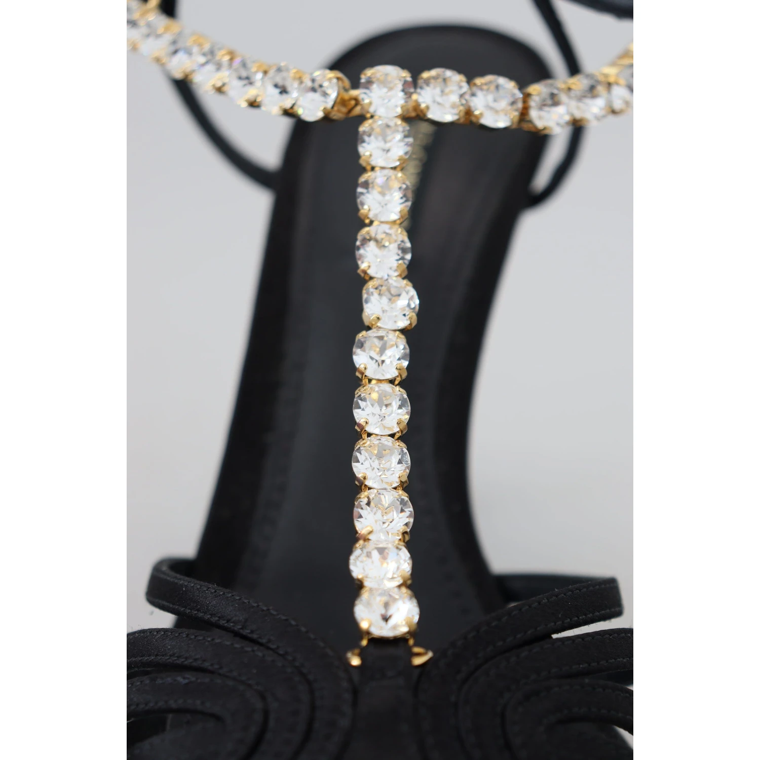 Black Satin Clear Crystal T-strap Sandal Shoes