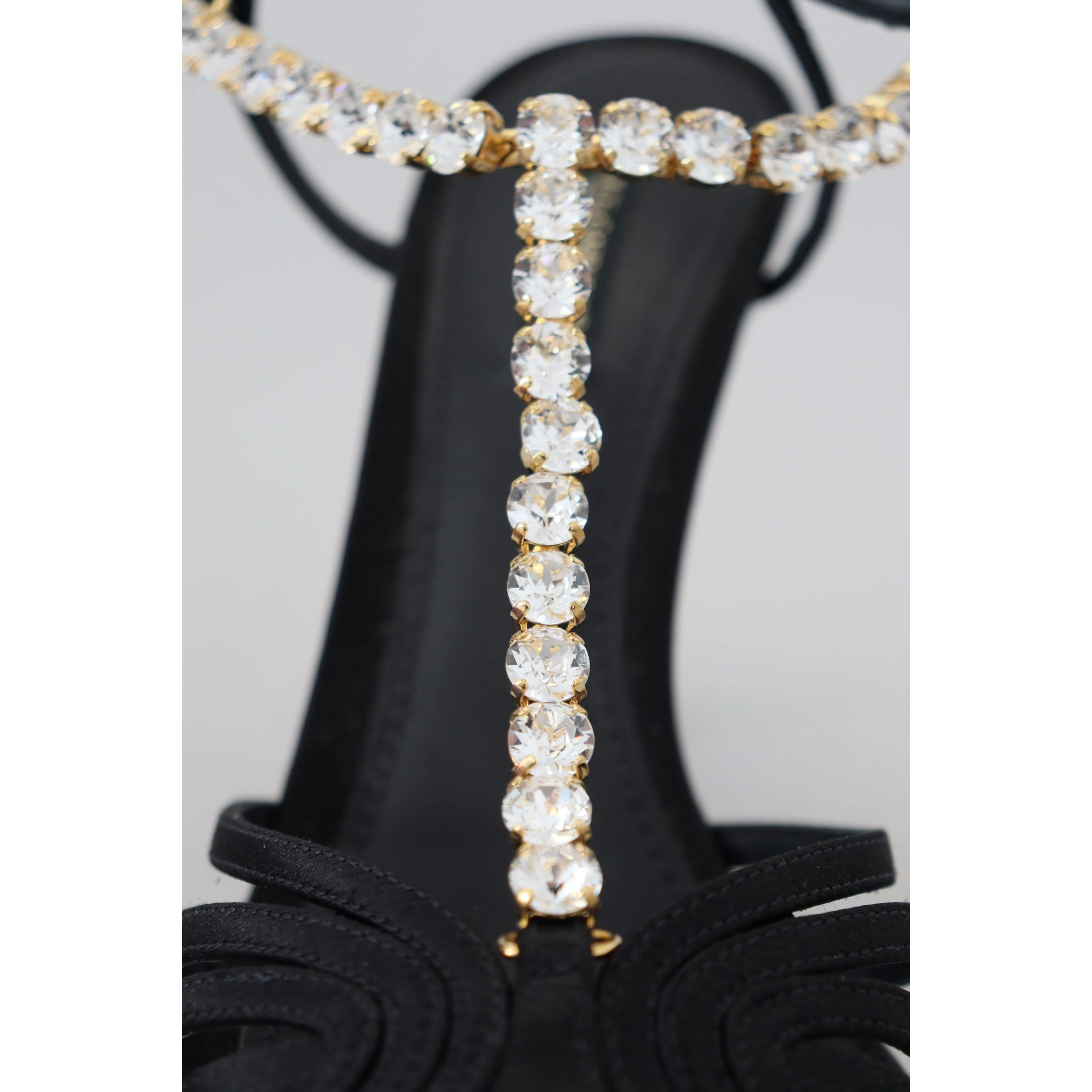 Black Satin Clear Crystal T-strap Sandal Shoes