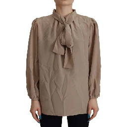Brown Waistband Sleeves Ascot Collar Top Blouse
