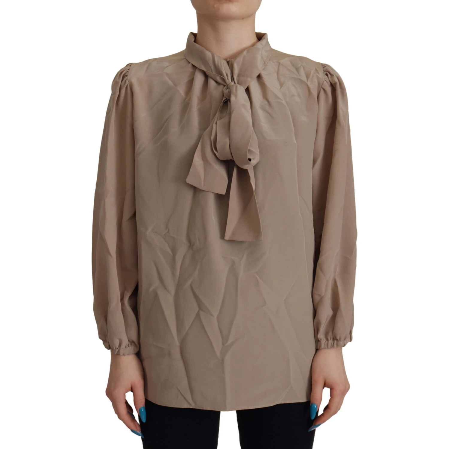 Brown Waistband Sleeves Ascot Collar Top Blouse