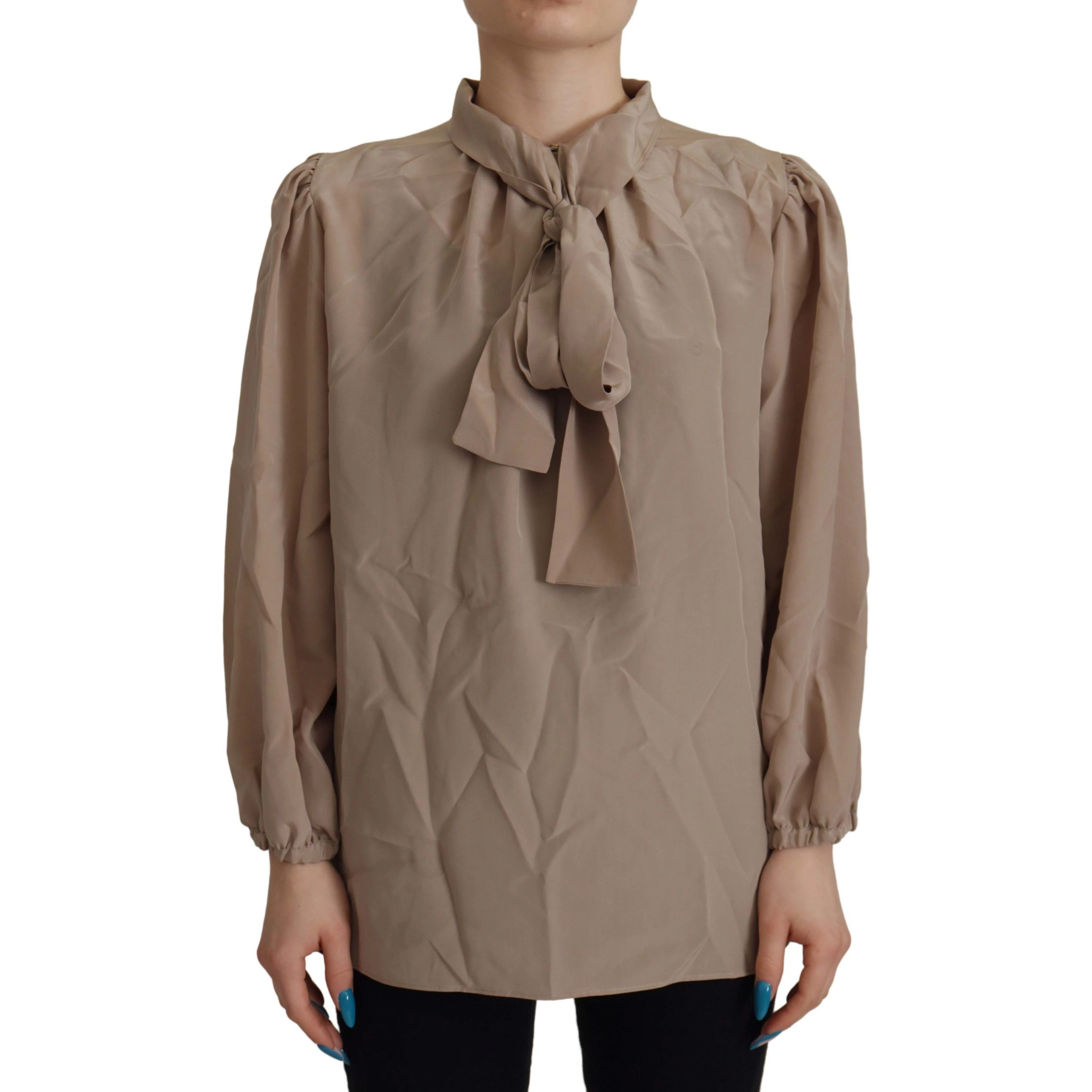 Brown Waistband Sleeves Ascot Collar Top Blouse