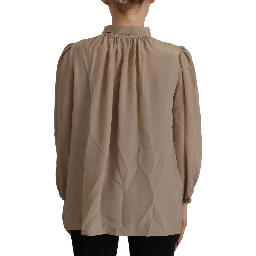 Brown Waistband Sleeves Ascot Collar Top Blouse