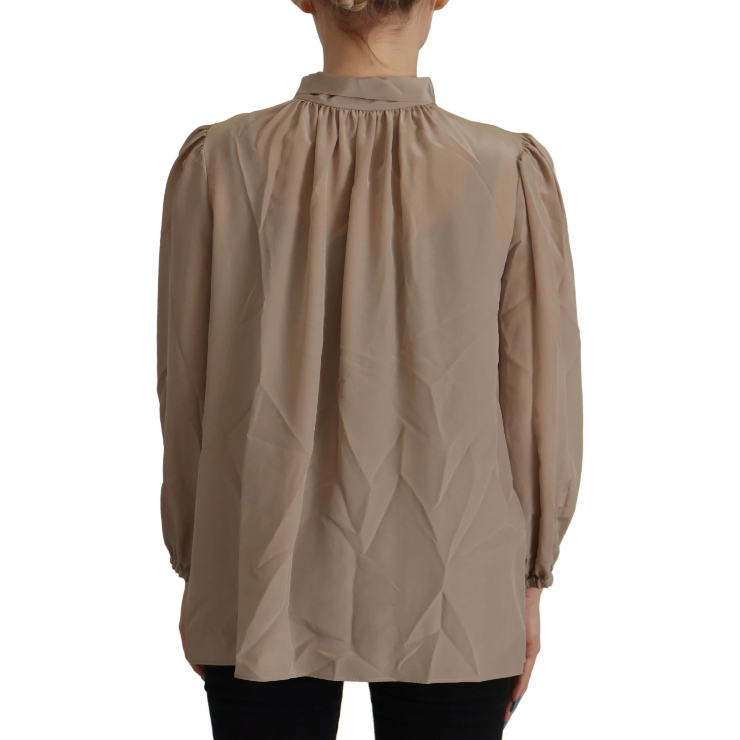 Brown Waistband Sleeves Ascot Collar Top Blouse