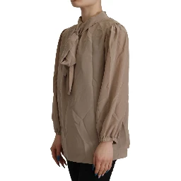Brown Waistband Sleeves Ascot Collar Top Blouse