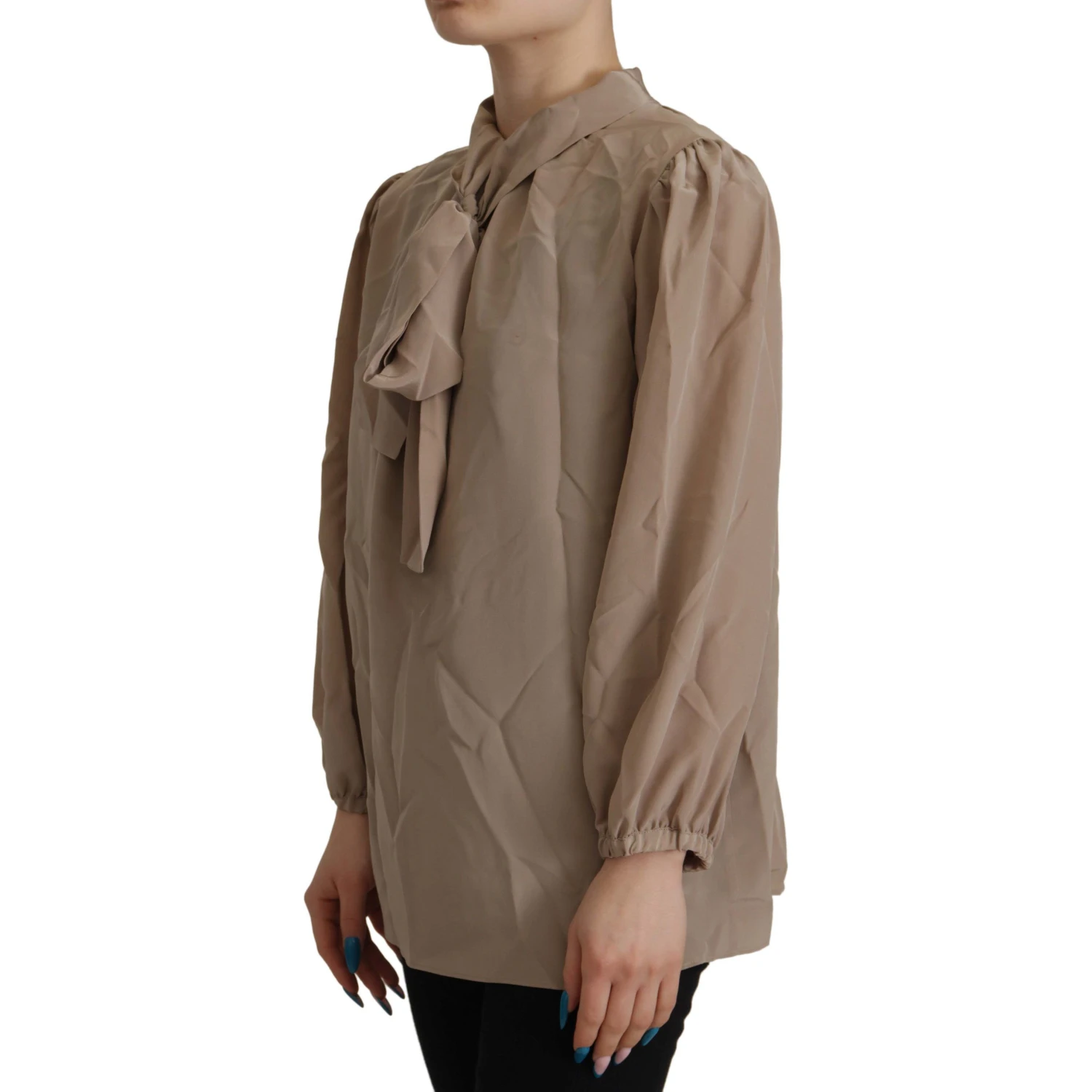 Brown Waistband Sleeves Ascot Collar Top Blouse