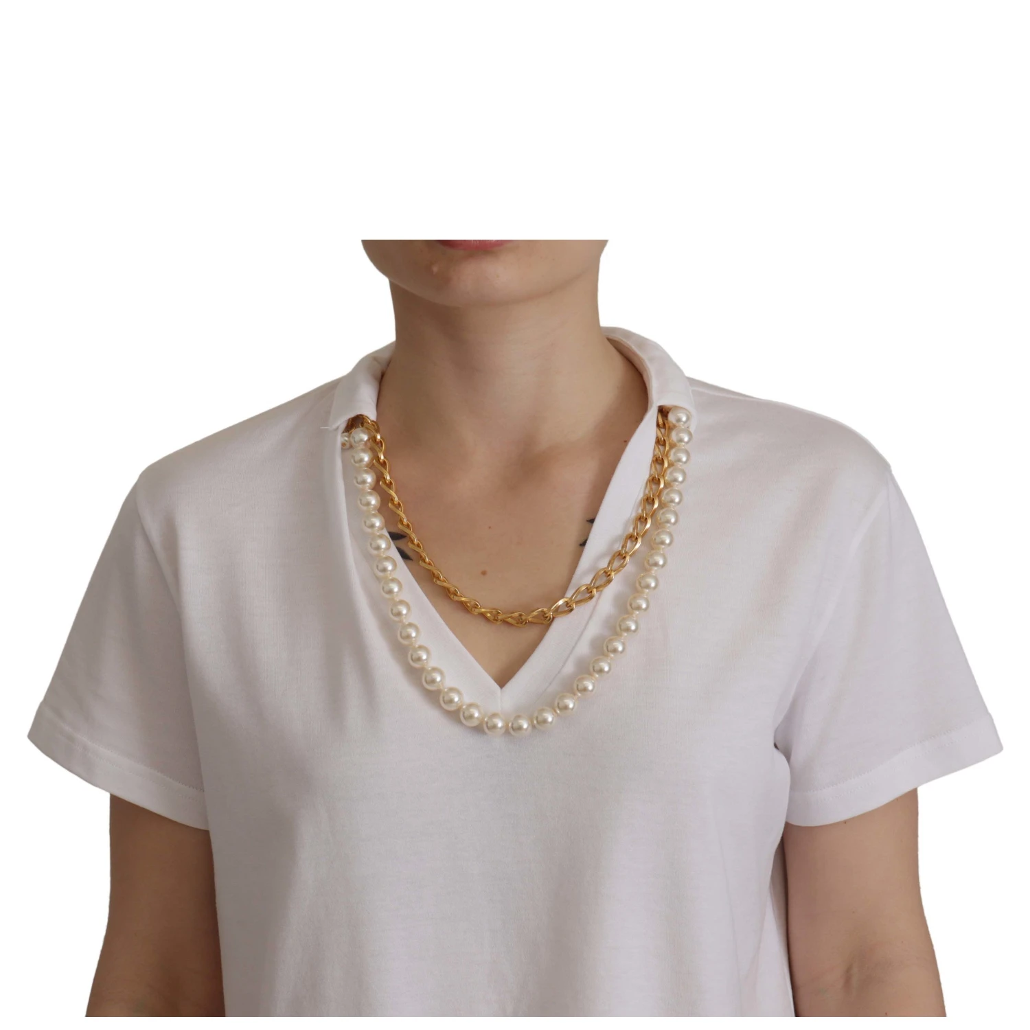 White Necklace Embellished Neckline T-shirt Top
