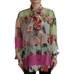 Multicolor  Floral Patchwork Design Ascot Collar Top Blouse