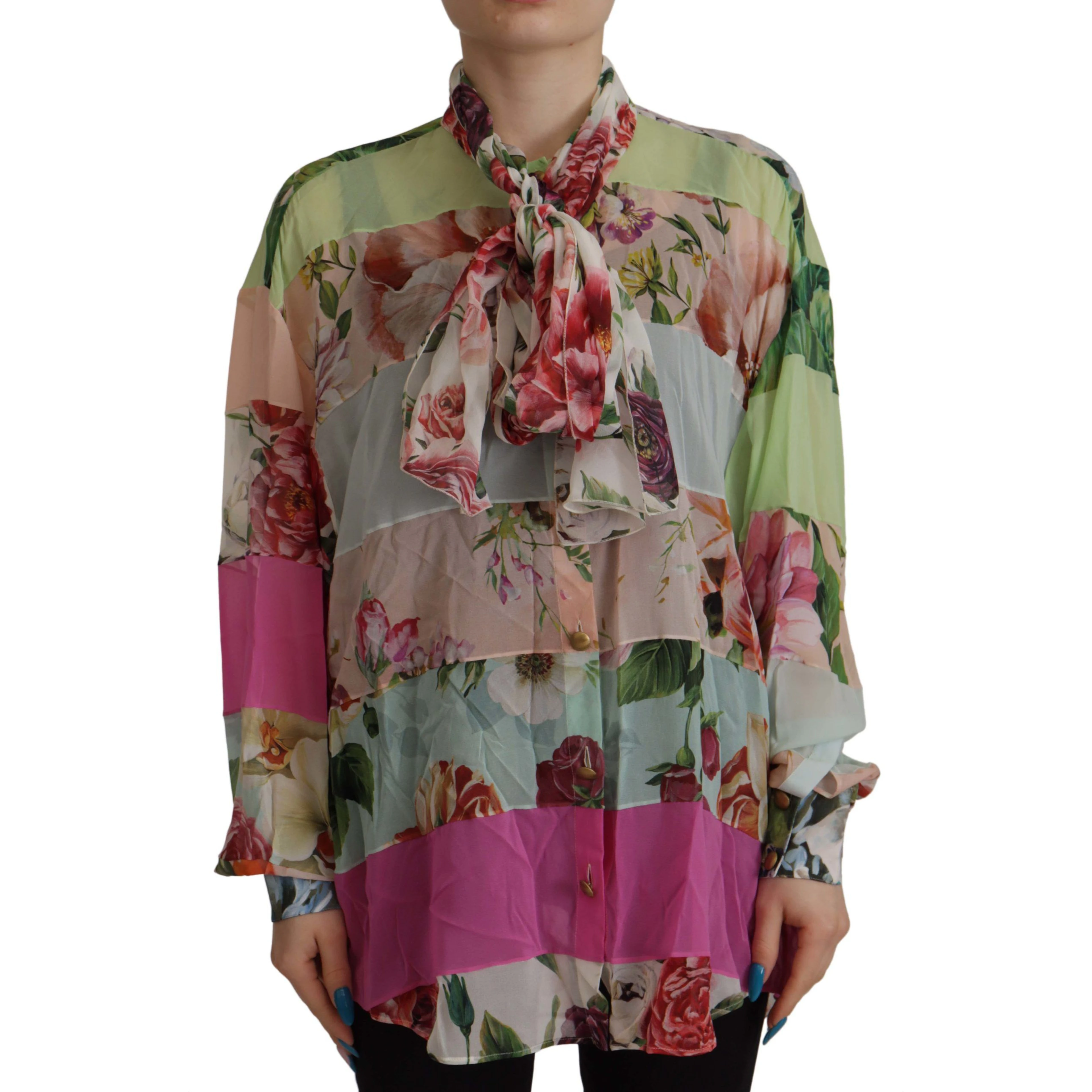 Multicolor  Floral Patchwork Design Ascot Collar Top Blouse