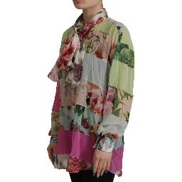 Multicolor  Floral Patchwork Design Ascot Collar Top Blouse