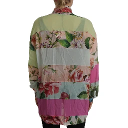 Multicolor  Floral Patchwork Design Ascot Collar Top Blouse