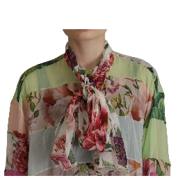 Multicolor  Floral Patchwork Design Ascot Collar Top Blouse