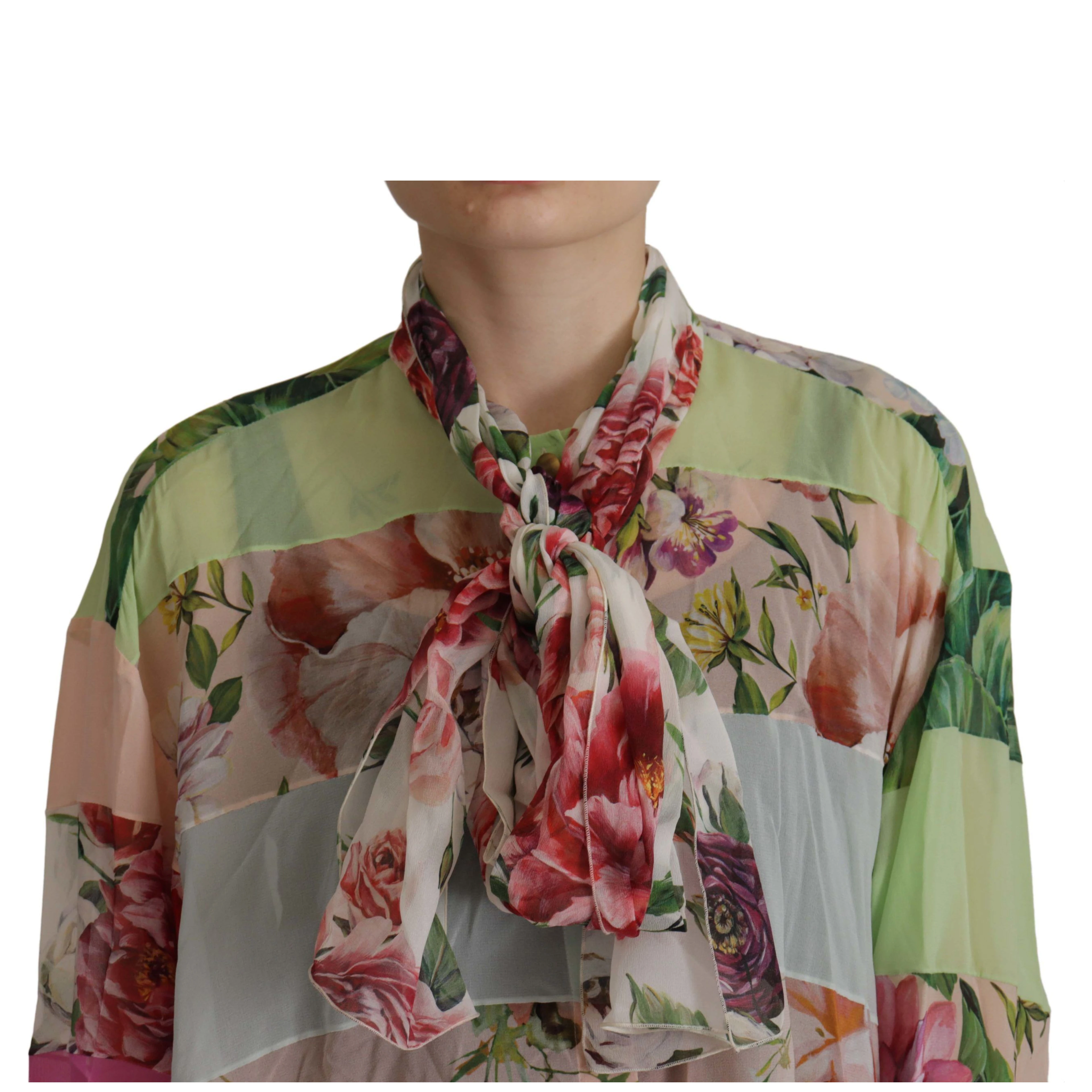 Multicolor  Floral Patchwork Design Ascot Collar Top Blouse
