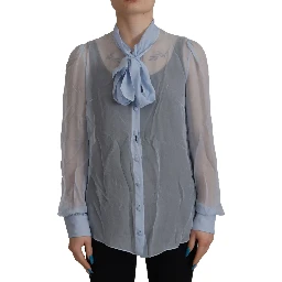 Light Blue Silk Ascot Collar Long Sleeves Top