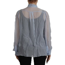 Light Blue Silk Ascot Collar Long Sleeves Top